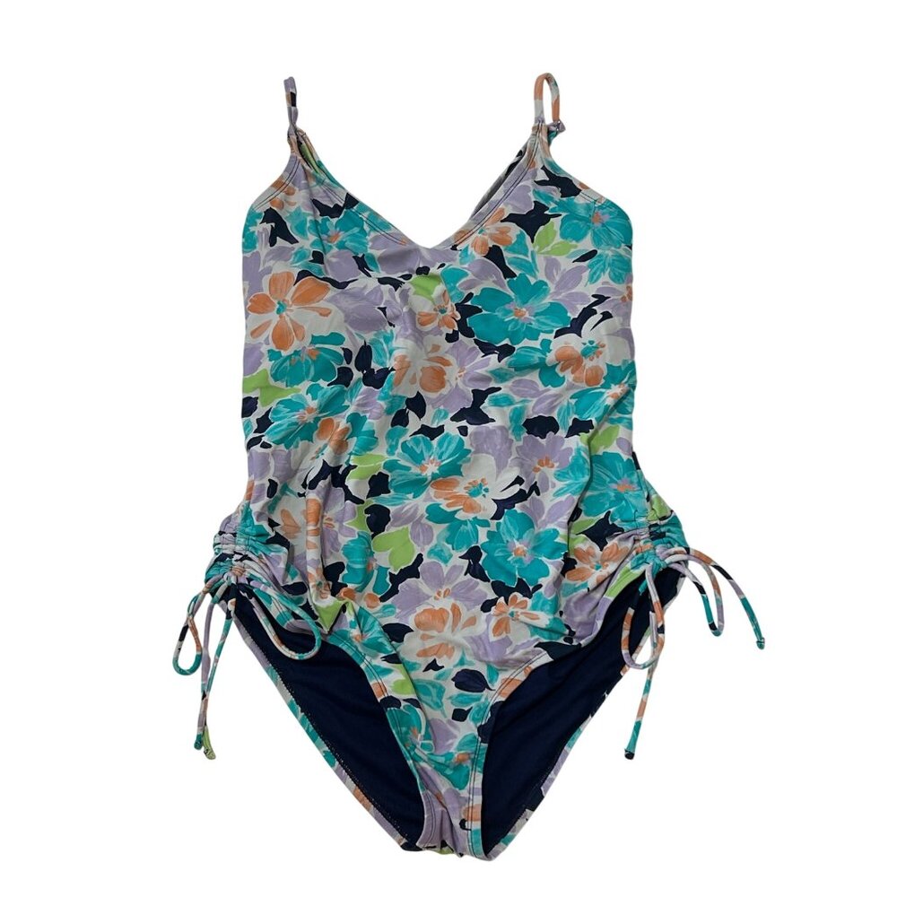 Ninety-Nine Floral Tank One-Piece Swimsuit Adjustable Ties Strappy Back 1XL 1749